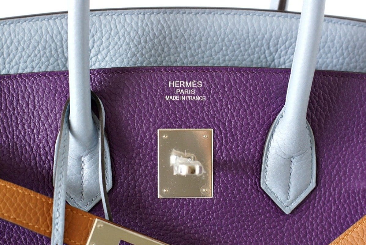 Hermes Taurillon Clemence Arlequin Birkin 35 Orange Sanguine Gold Bleu Lin Bleu Hydra Etain