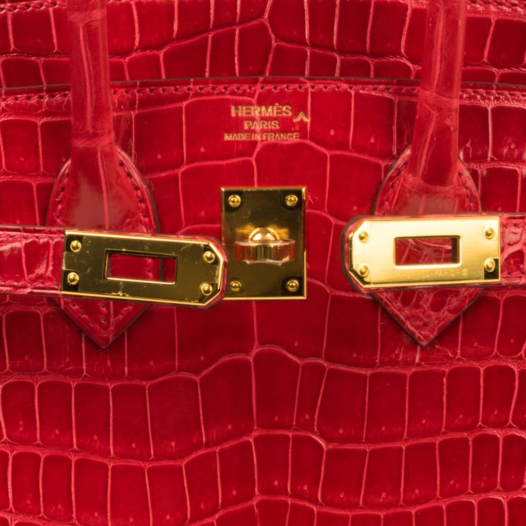 Hermes Birkin 25 Bag Red Braise Porosus Crocodile Gold Hardware