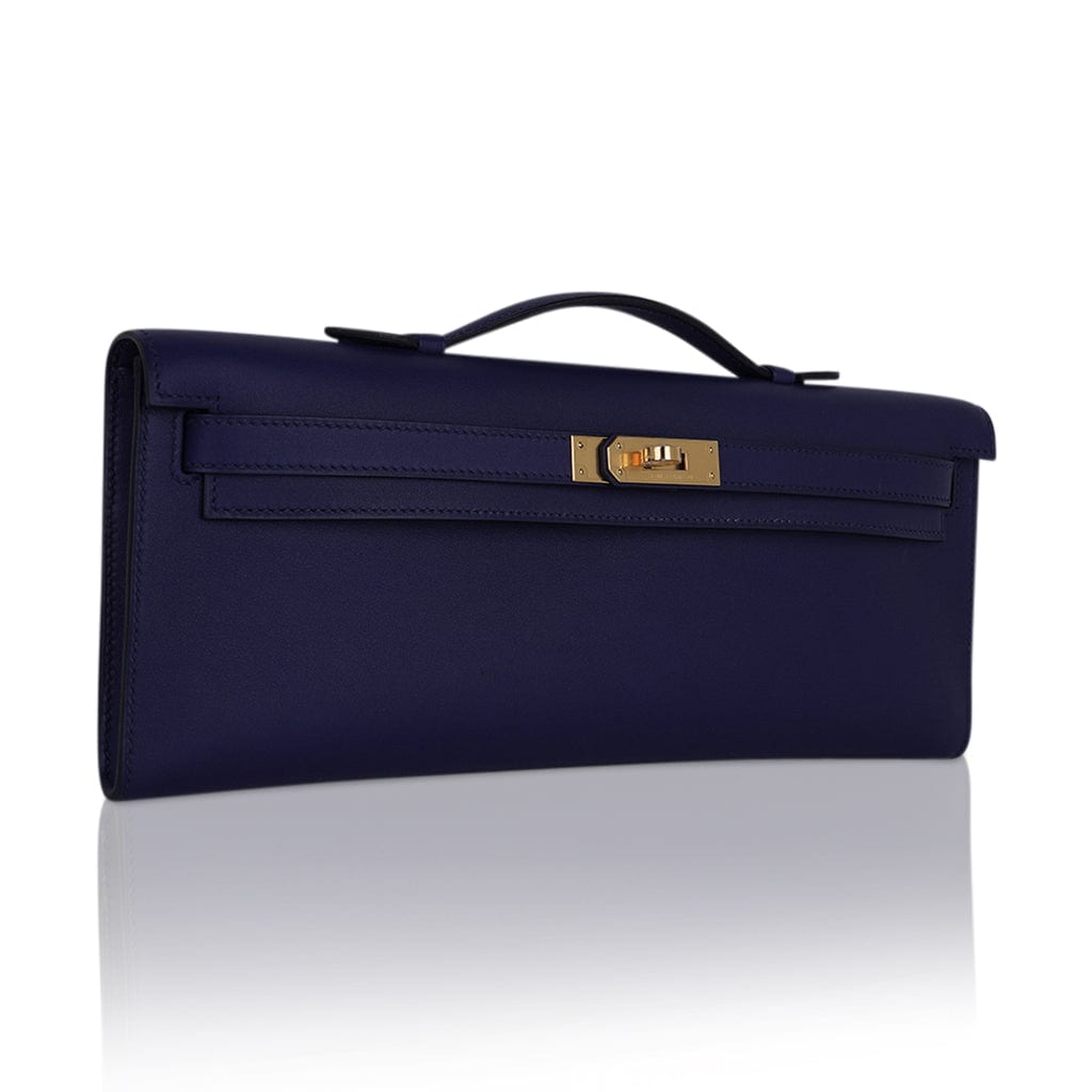 Hermes Kelly Cut Bag Blue Encre Clutch Swift Gold Hardware New