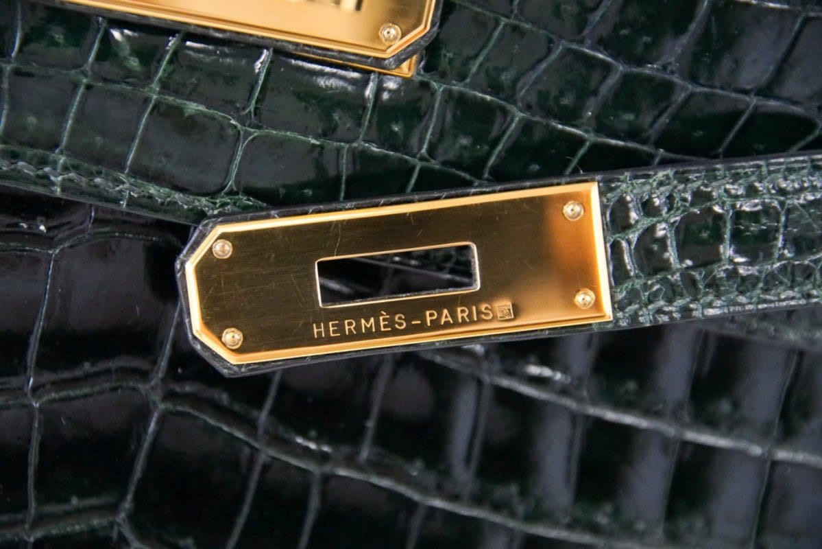Hermes Kelly 28 Crocodile Porous Kisses V0 Vert Rousseau GHW Stamp D