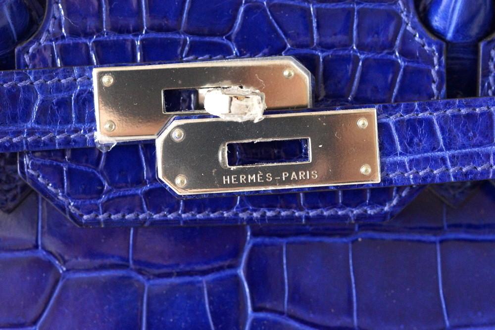 Hermes Birkin 35 Bag Blue Brighton Porosus Crocodile Palladium Hardware •  MIGHTYCHIC • 