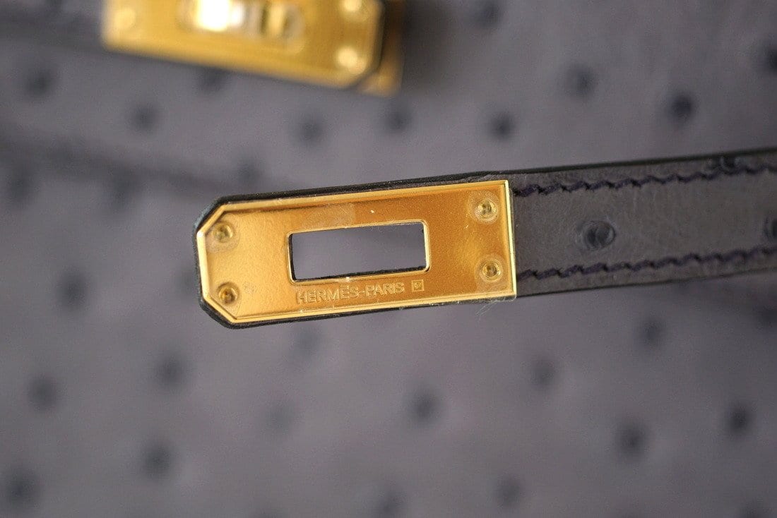 Hermes Kelly Pochette Bag Bleuet Ostrich Clutch Gold Hardware at