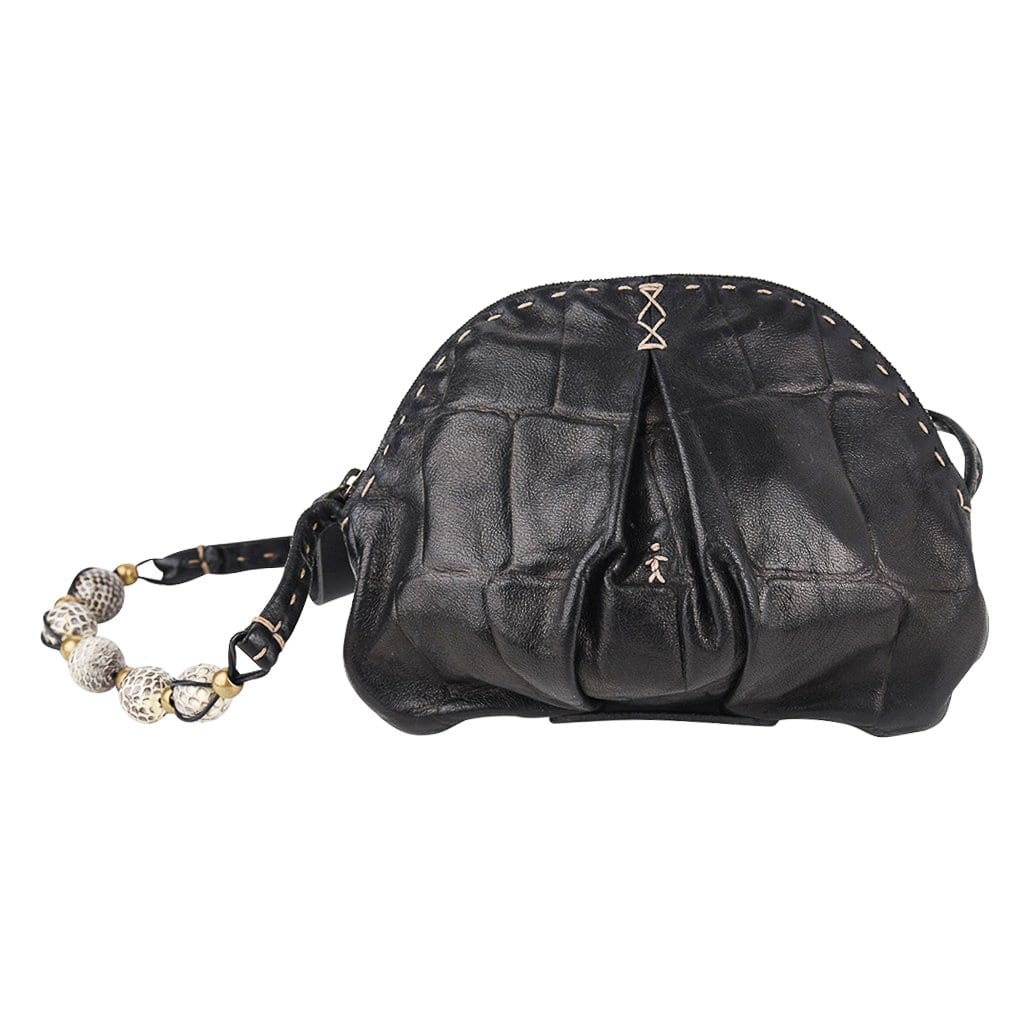 Henry Beguelin Bag Mini Black Turtle Stamped Leather Demi Lune