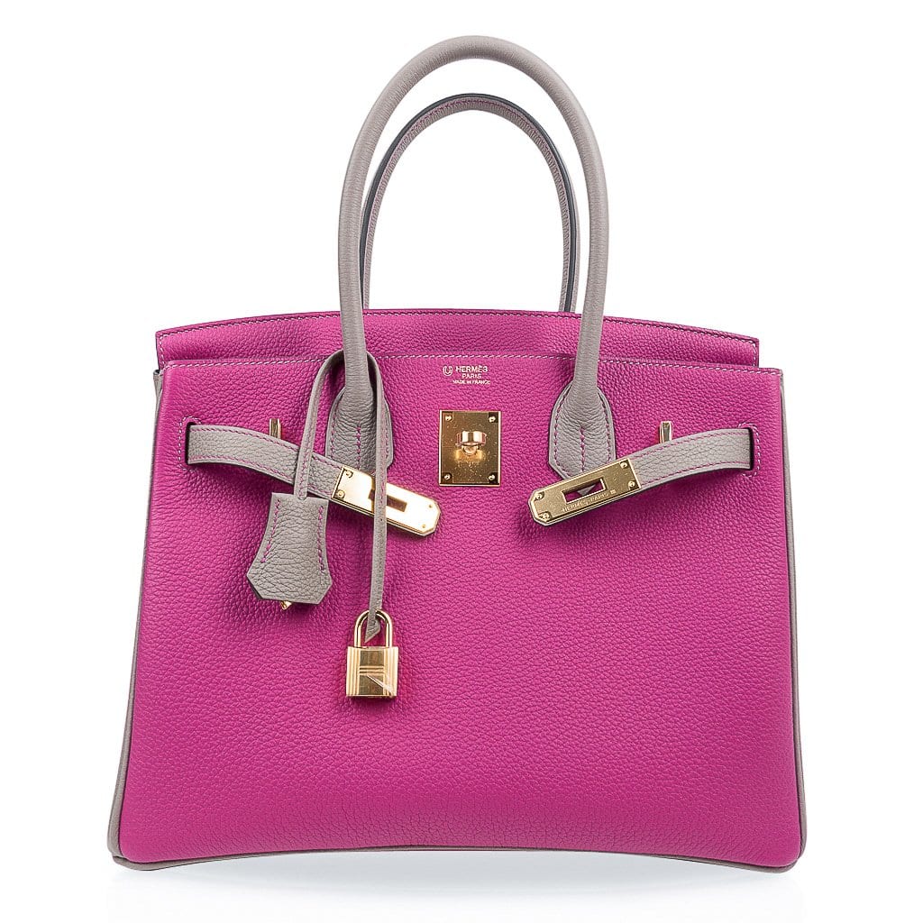 Pre-owned Hermes Special Order (HSS) Birkin 30 Etoupe and Vert Fonce Togo Brushed Palladium Hardware Pink/Purple Madison Avenue Couture