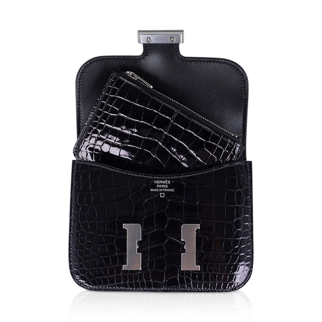 Hermes Constance crocodile wallet black shiny For Sale at 1stDibs