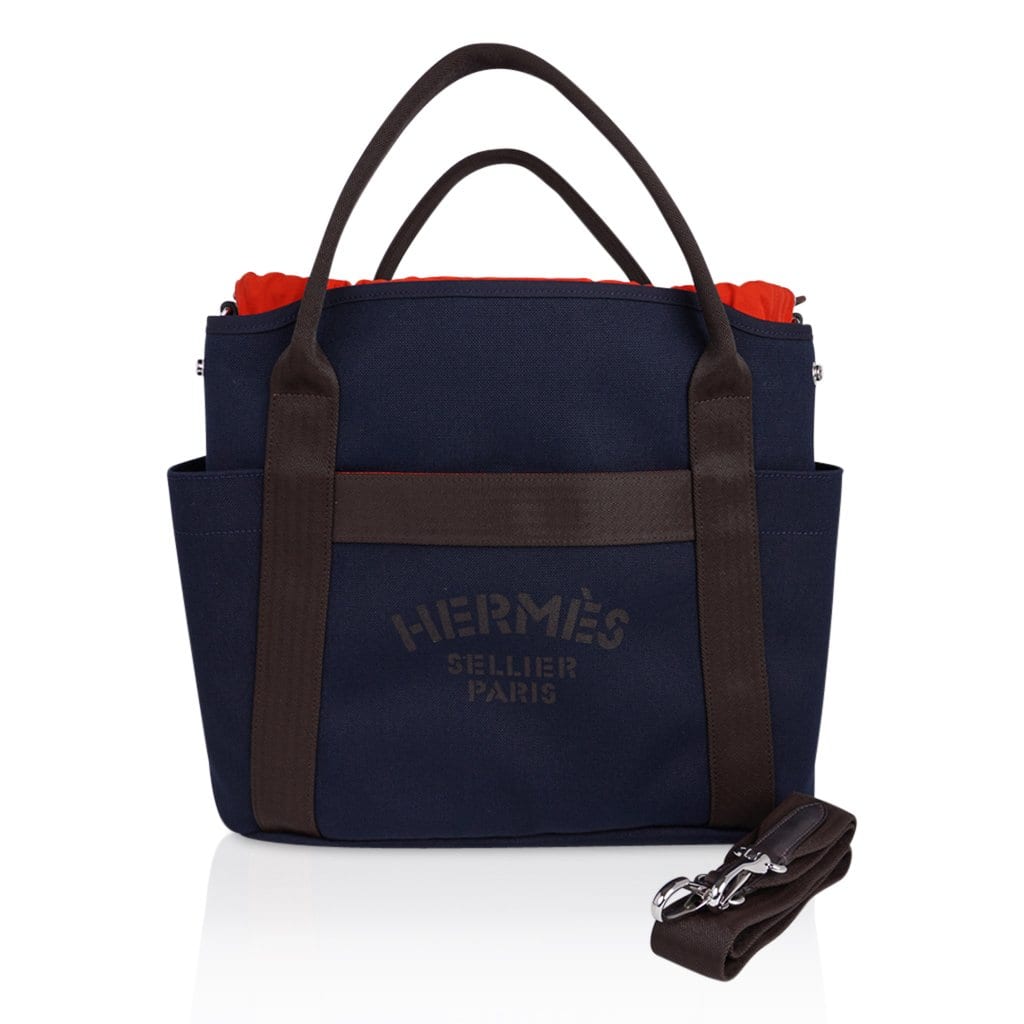 Hermes Tote Bag Four GM Navy Brown Cotton Canvas Women's Men's