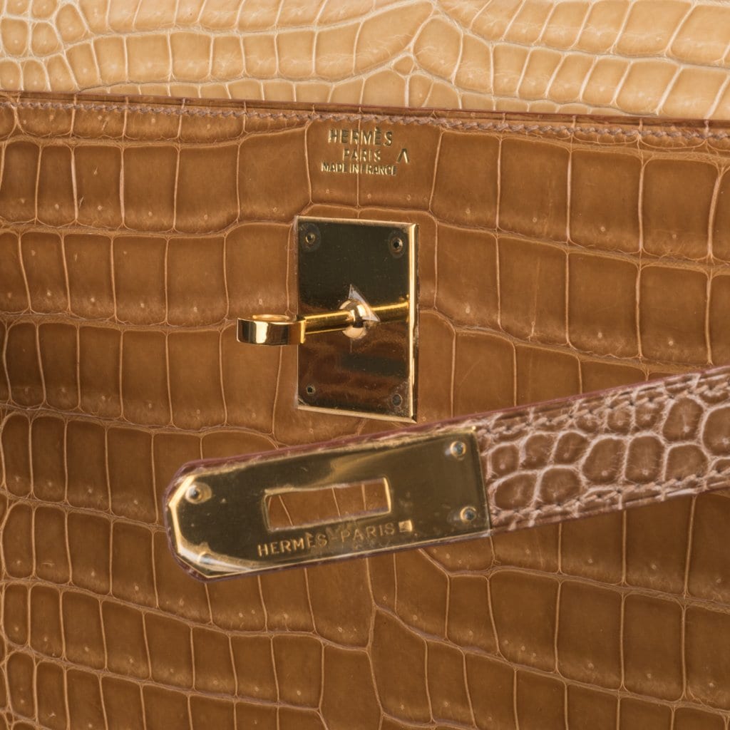 Hermes Kelly Sellier 32 Bag Tri-Colour Porosus Exotic Poussier Poudre  Ficelle
