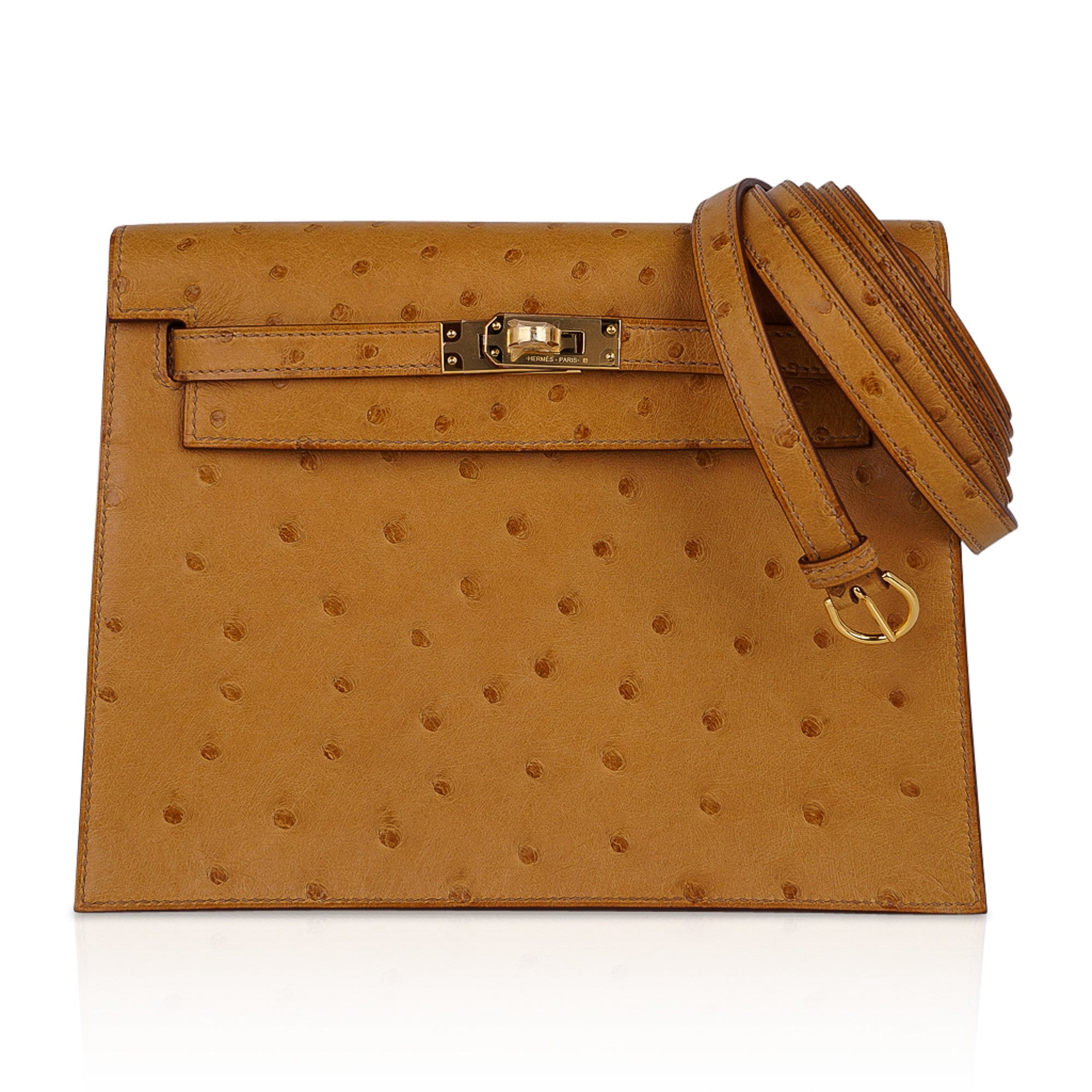 Hermes Kelly Danse Bag Tabac Camel Ostrich Gold Hardware New w/ Box –  Mightychic