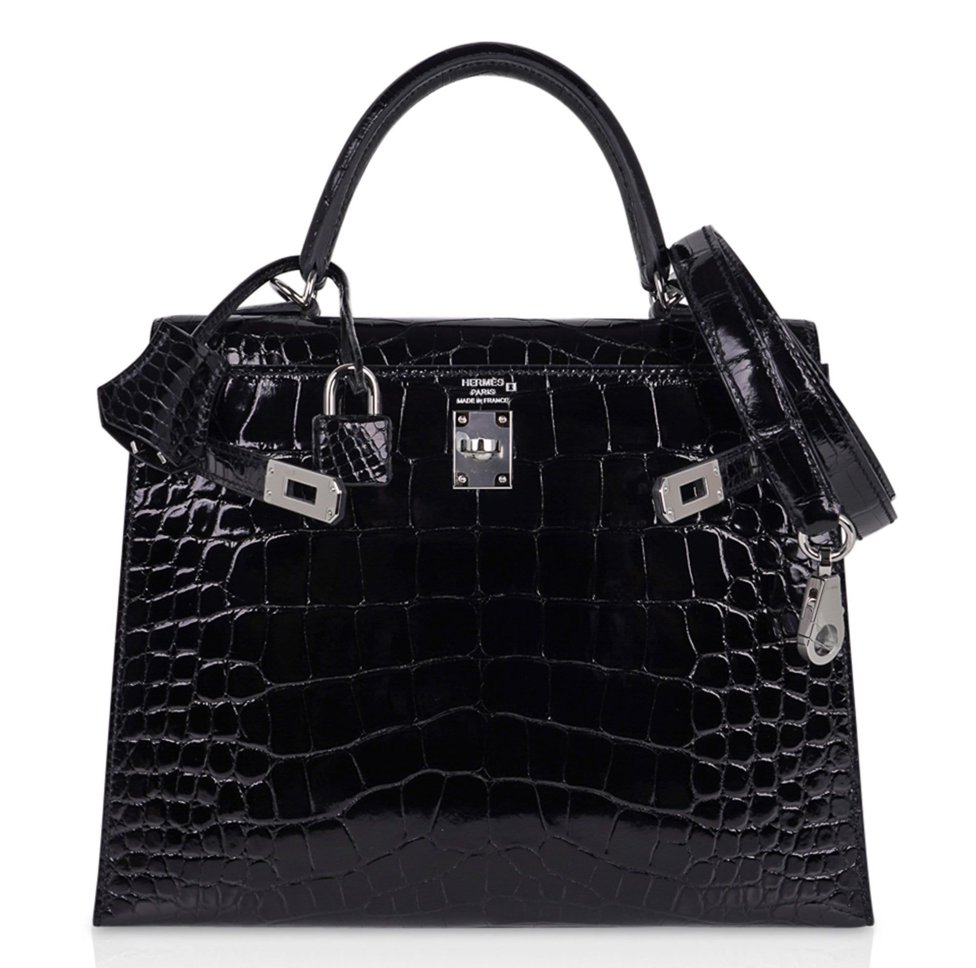 Hermes Kelly Sellier 25 Black Shiny Crocodile Alligator Handbag