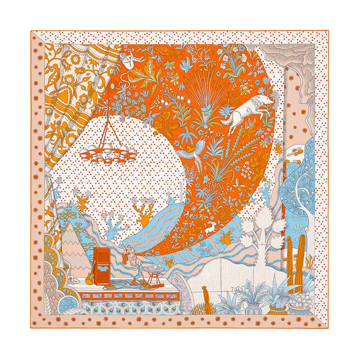 Hermes Silk Scarf 90 Le Premier Chant Orange/ Blanc/ Blue Ciel – Mightychic