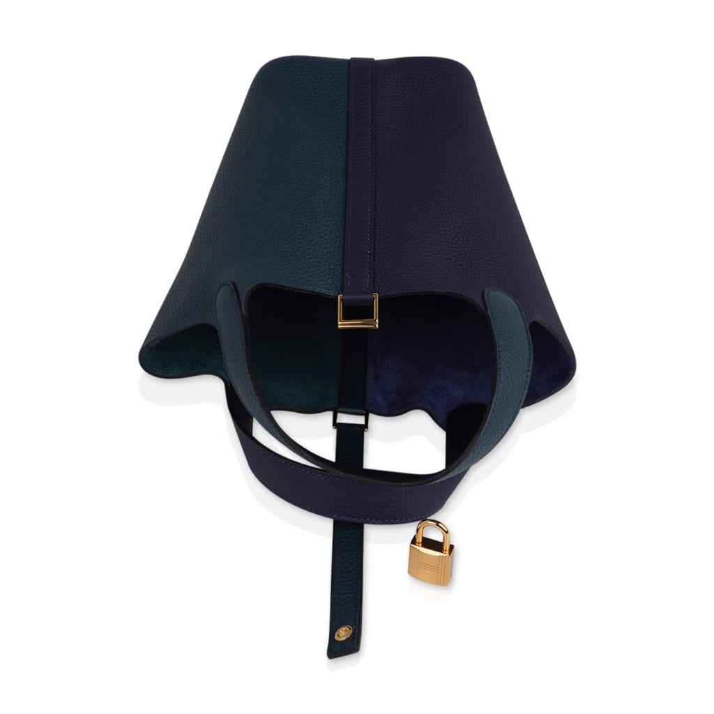 Hermes Picotin Lock 18 Bag Vert Cypress / Blue Nuit / Black Tote Clemence  Gold