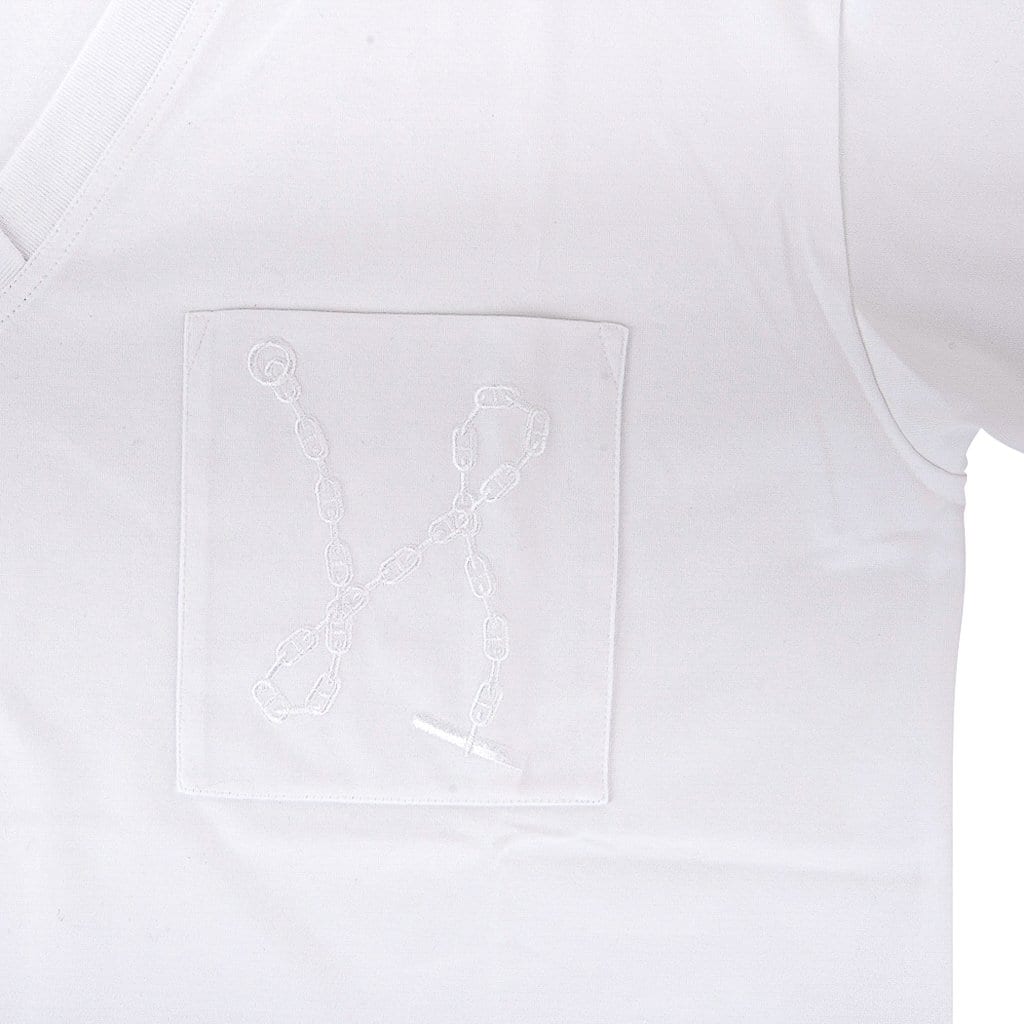 HERMES White T-Shirt Top Mosaique Embroidery Pocket Short Sleeve