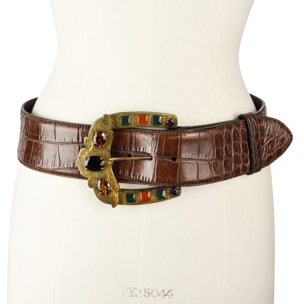 Crocodile Belt Collection 2 Orange / Round M Platinum