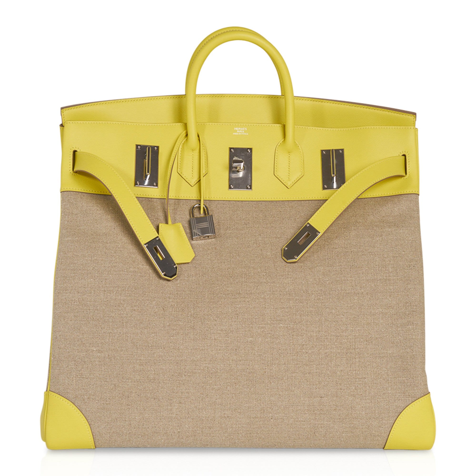 Hermes Hac 50 Bag Lime Evercolor Ficelle Toile Palladium Hardware –  Mightychic