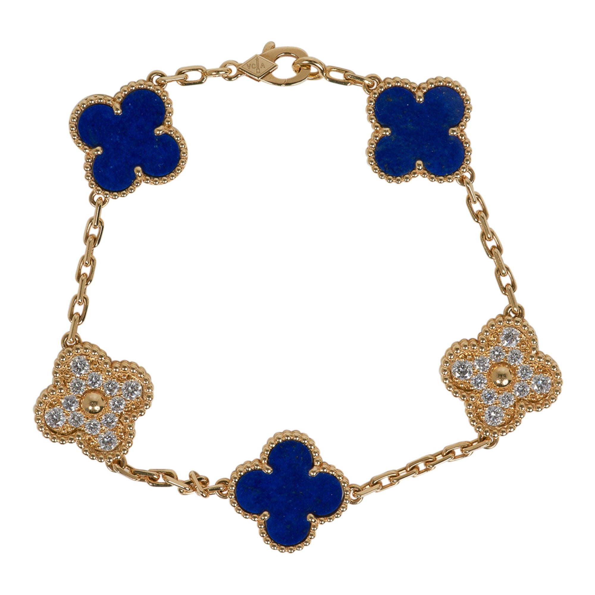 Van Cleef & Arpels Vintage Alhambra 18K Yellow Gold Diamond Lapis Bracelet Cert