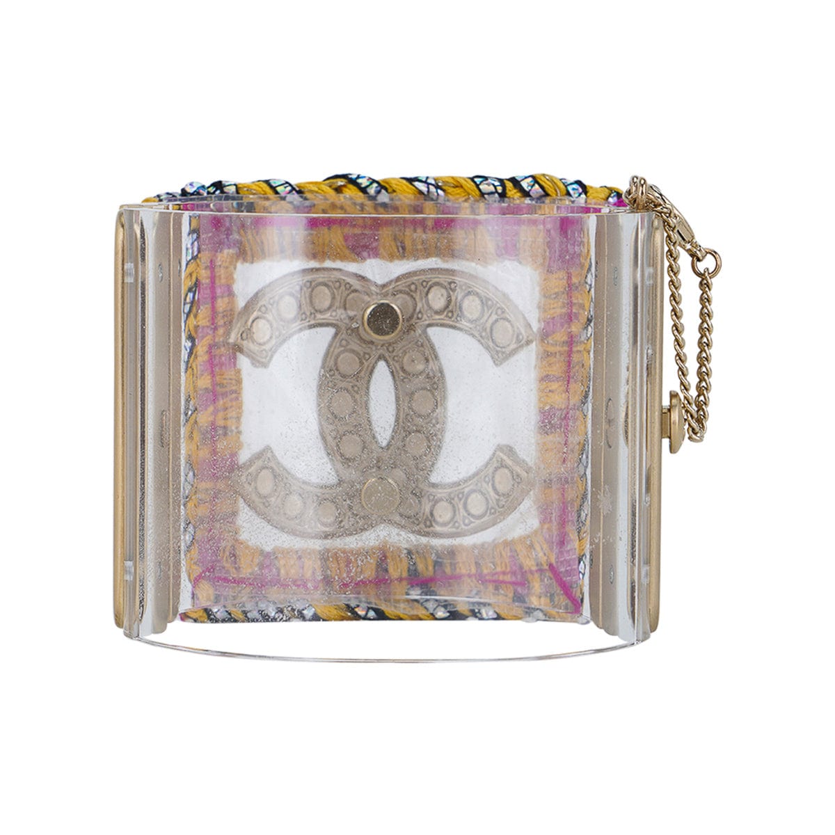 Chanel Lucite / Faux Pearl CC Embroidered Edge Cuff Bracelet S