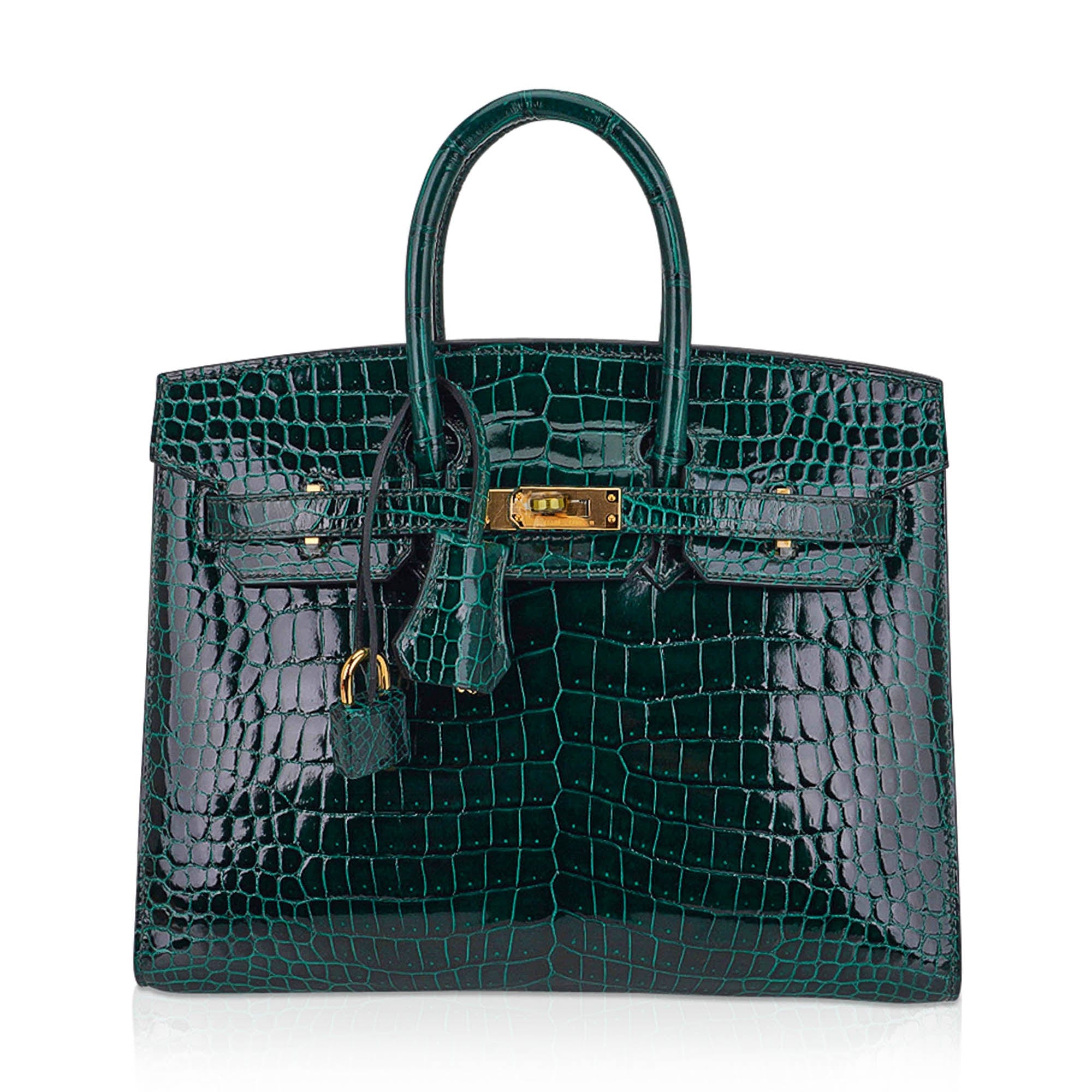 Hermes Birkin 25 Bag Sellier Vert Fonce Porosus Crocodile Bag with Gold Hardware