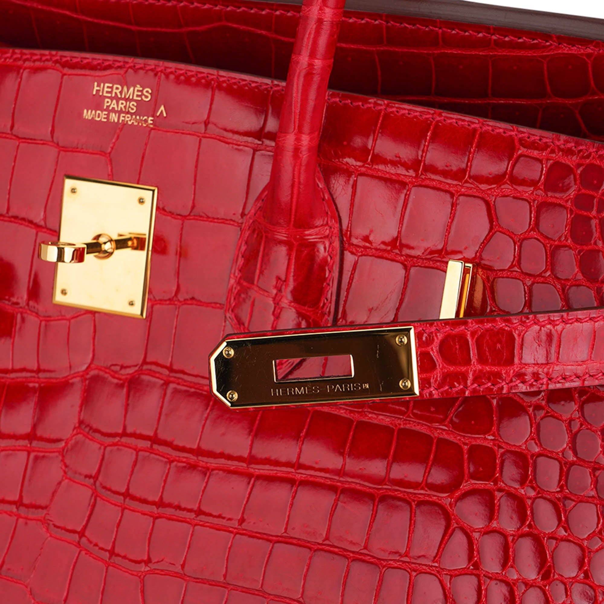 Hermes Birkin 35 Braise Lipstick Red Porosus Crocodile Bag Gold Hardware •  MIGHTYCHIC • 