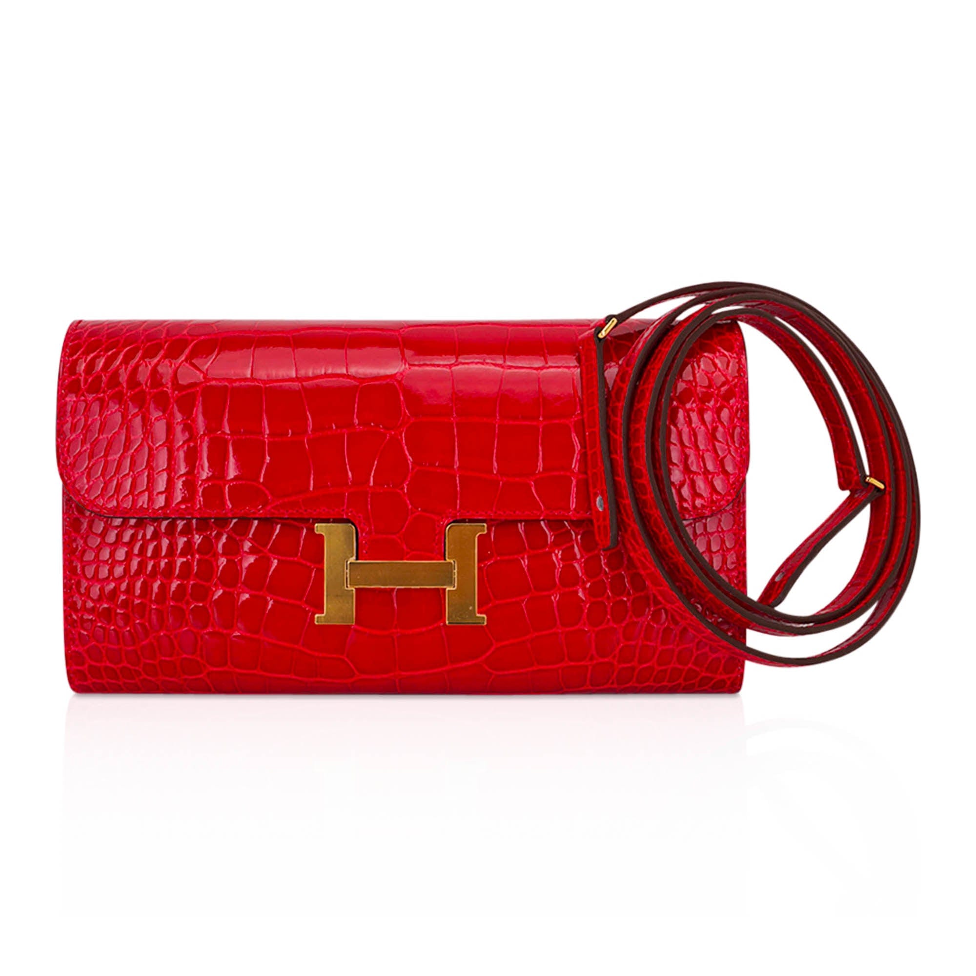Hermes Constance Long To Go Wallet  Lipstick Red Braise Alligator Gold Hardware