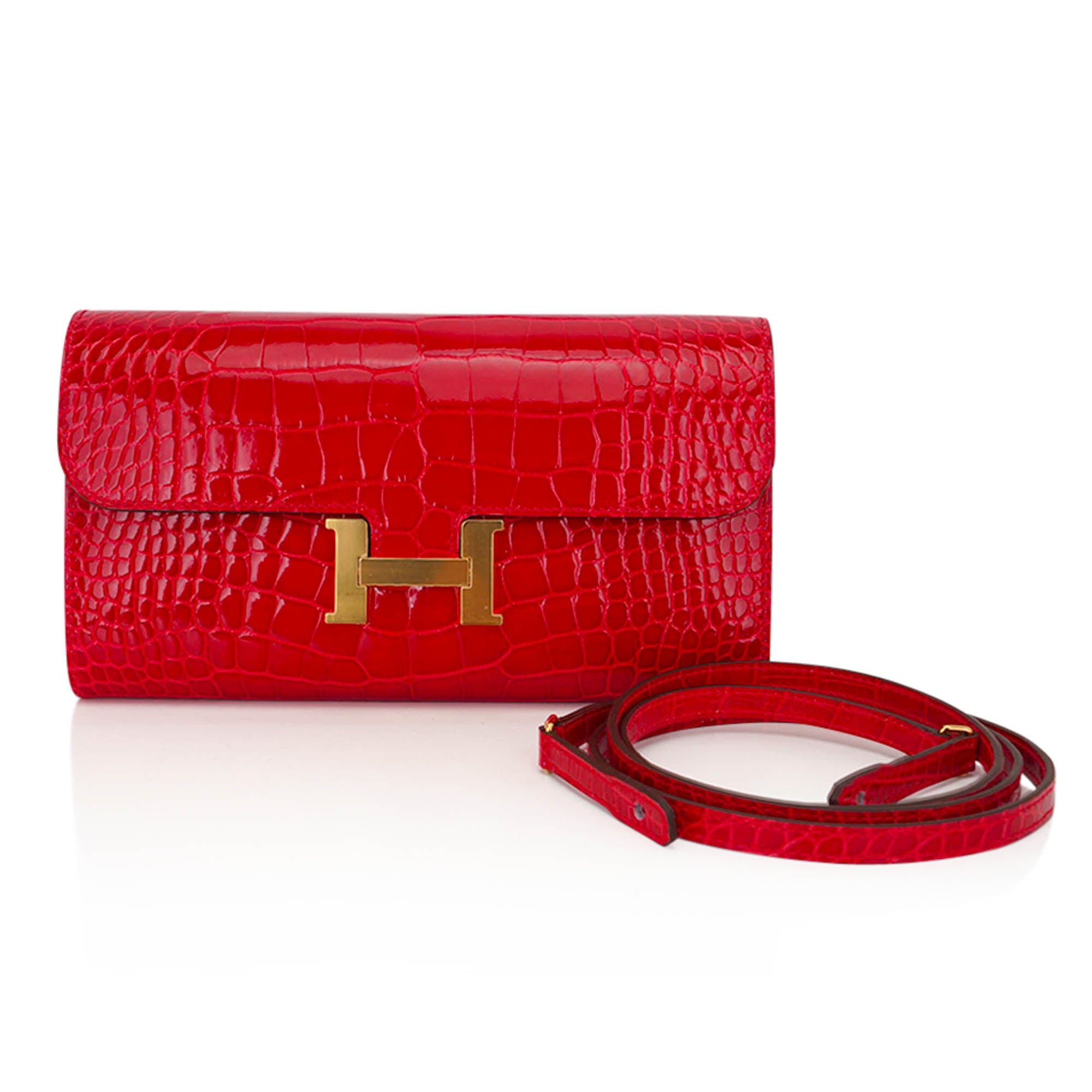 Hermes Constance Long To Go Wallet Lipstick Red Braise Alligator with Gold Hardware