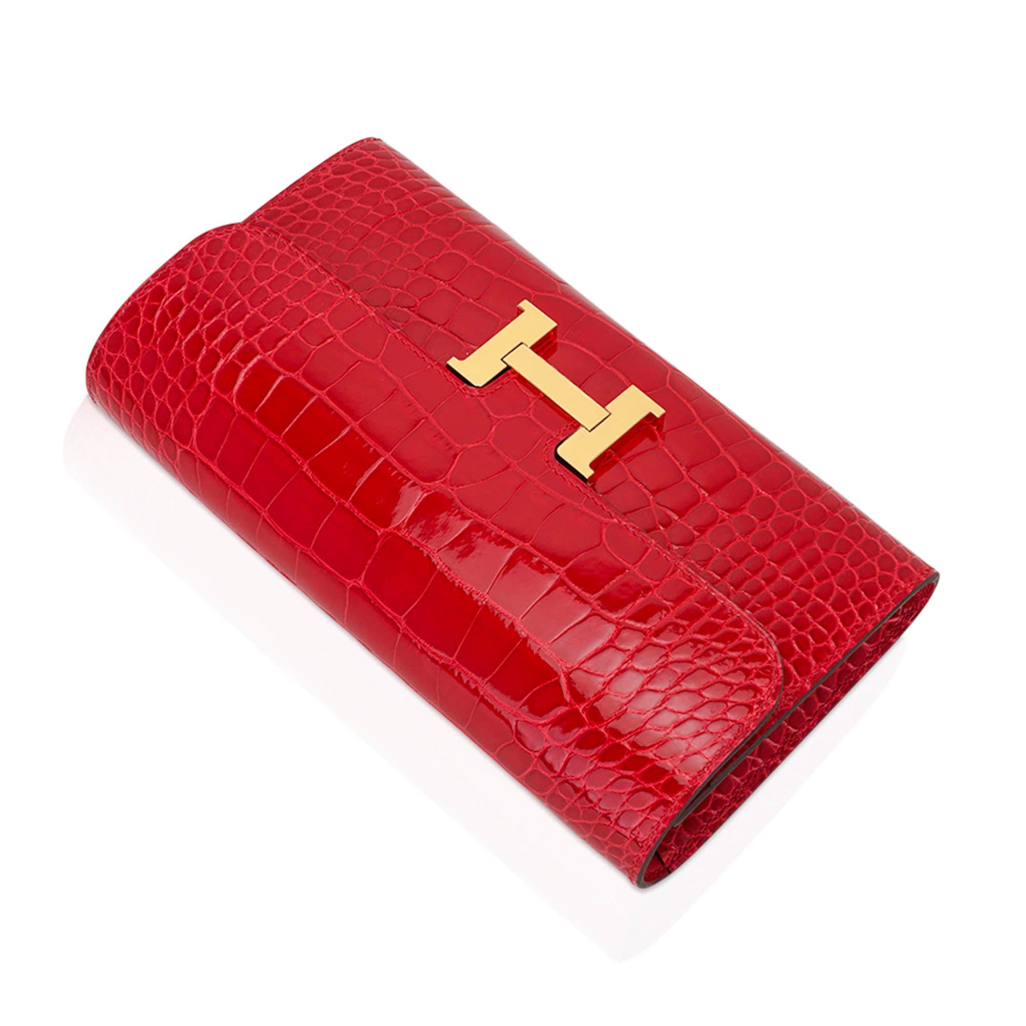 Hermes Constance Long To Go Wallet Lipstick Red Braise Alligator with Gold Hardware