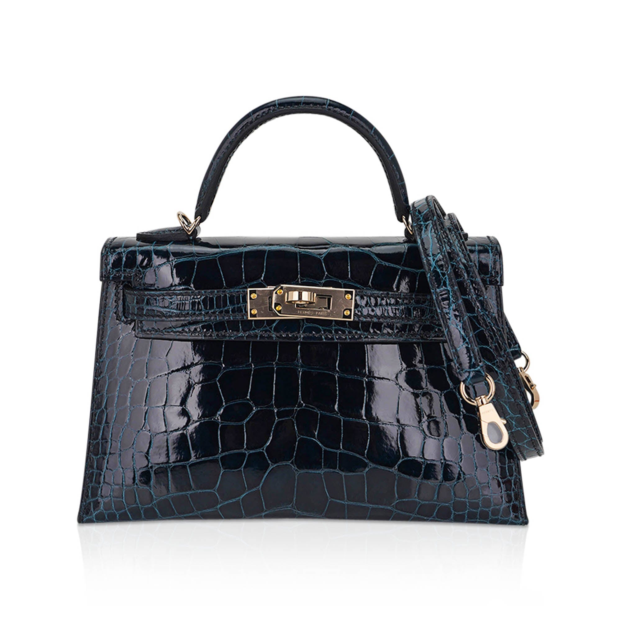 Hermes Limited Edition Verso Mini Kelly 20 Sellier Bag Vert Rousseau & Blue Paon Alligator with Permabrass Hardware