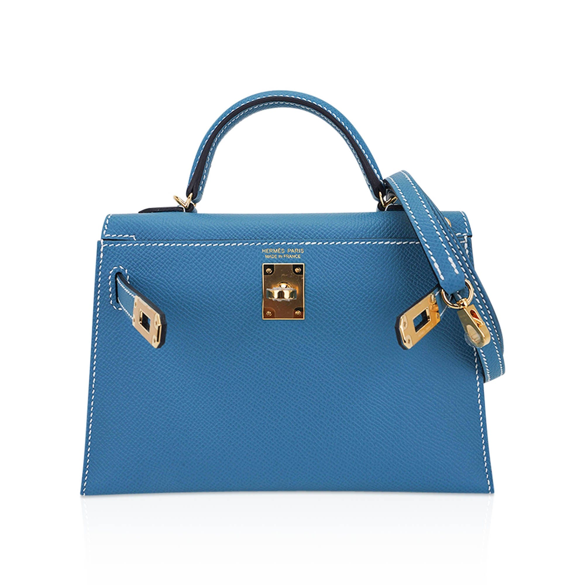Hermes Mini Kelly 20 Bag Sellier New Blue Jean Epsom Leather with Gold Hardware