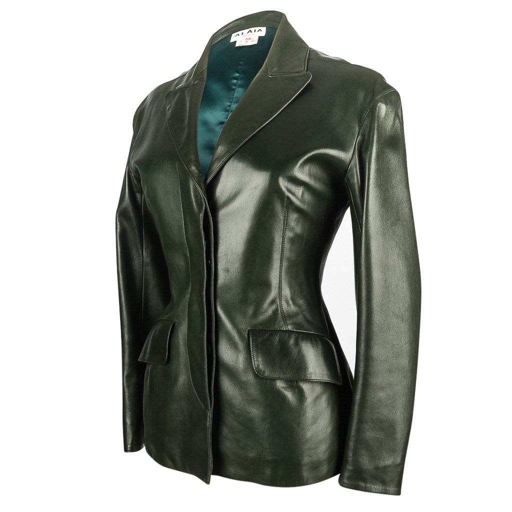 Azzedine Alaia Jacket 80s' Vintage Shaped Dark Bottle Green Leather 38 / 4 to 6