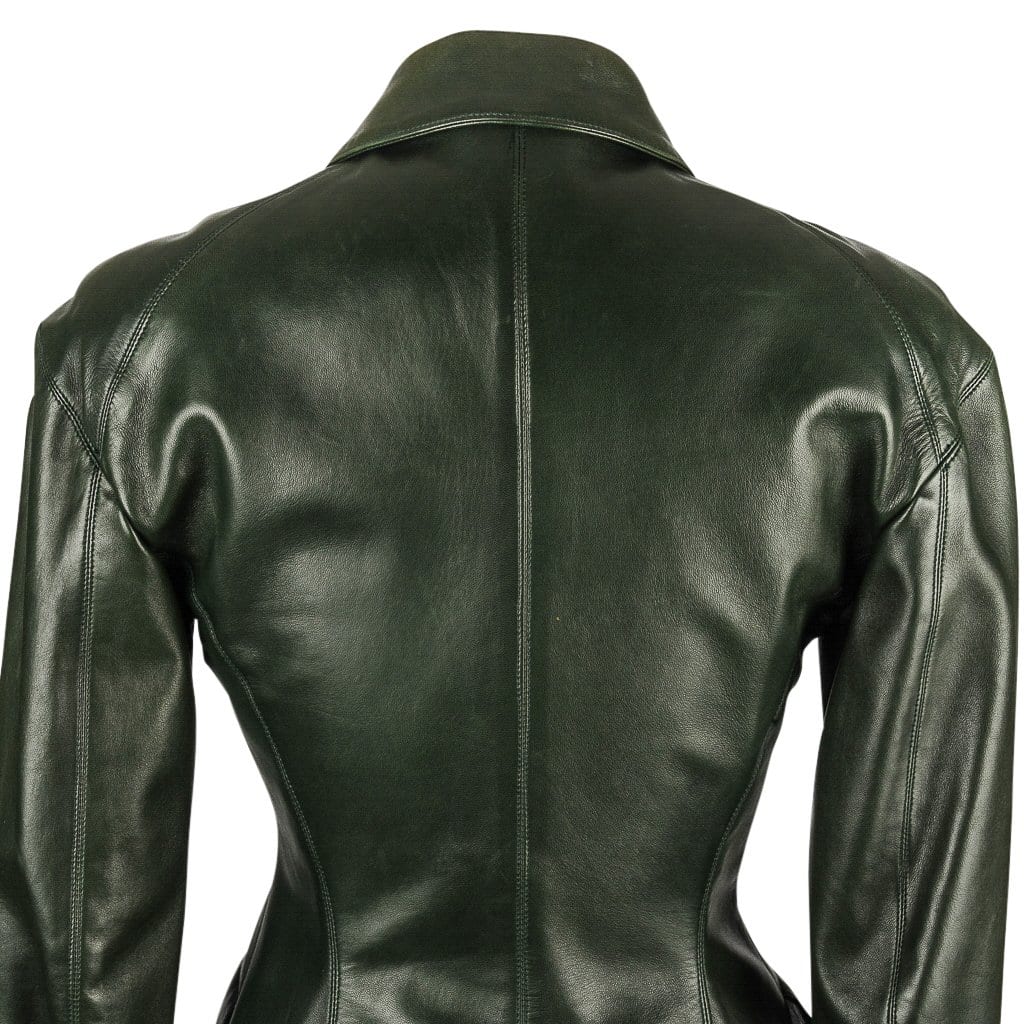 Azzedine Alaia Jacket 80s' Vintage Shaped Dark Bottle Green Leather 38 / 4 to 6