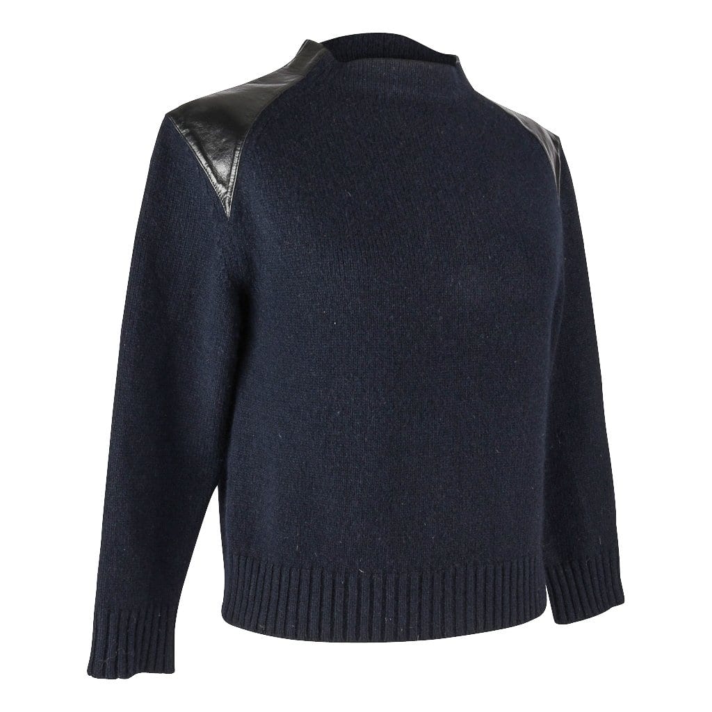 Celine Sweater Navy Crew Neck with Black Leather Shoulders M