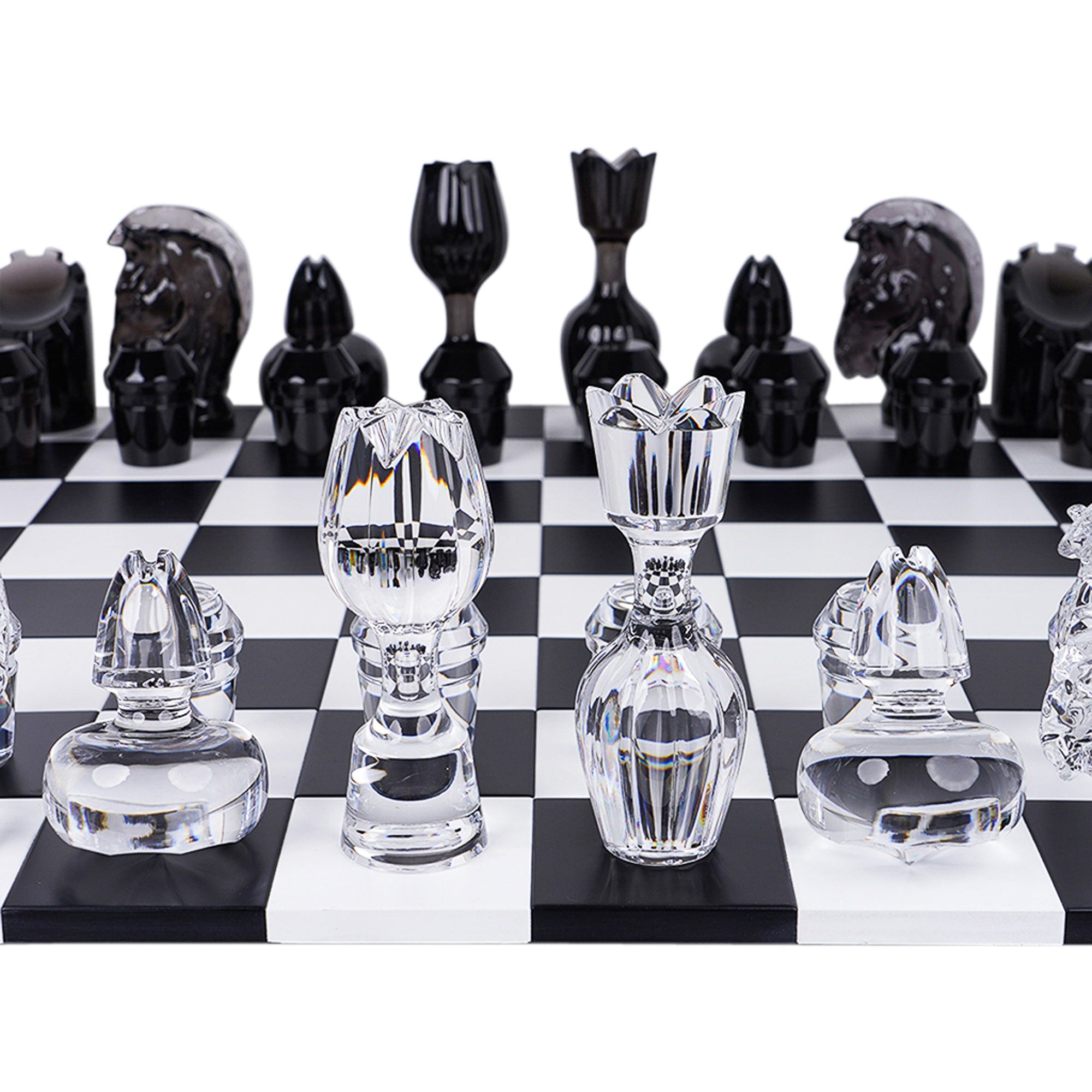 glass chess set with wooden case