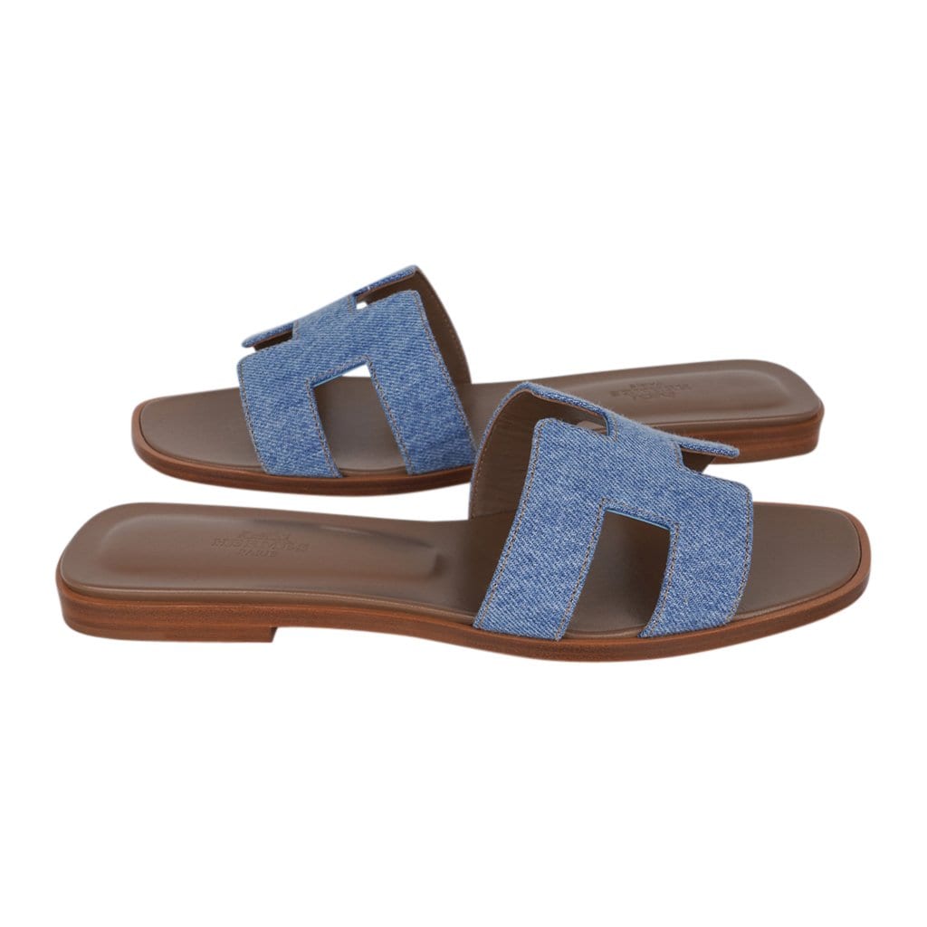 Hermes Oran sandals bleu clair denim and leather