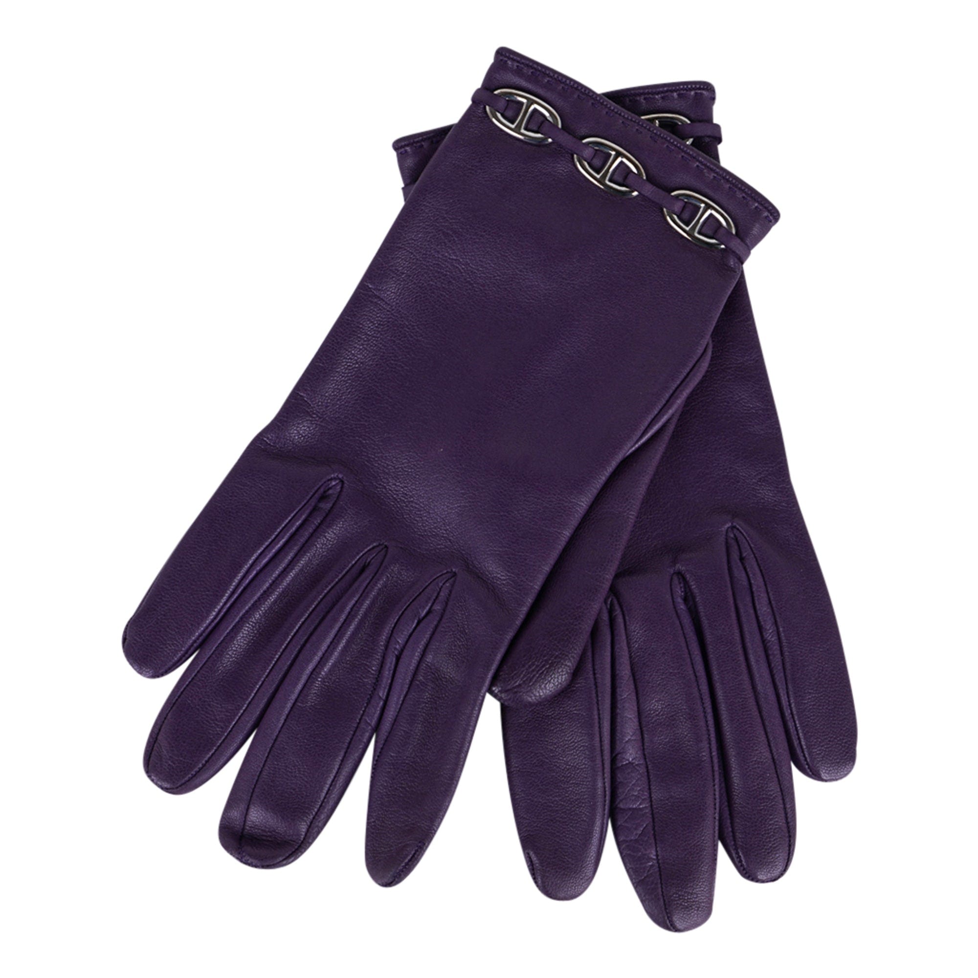 Hermes Vintage Wrist Length Gloves in Raisin Chaine D'Ancre Palladium Hardware  7