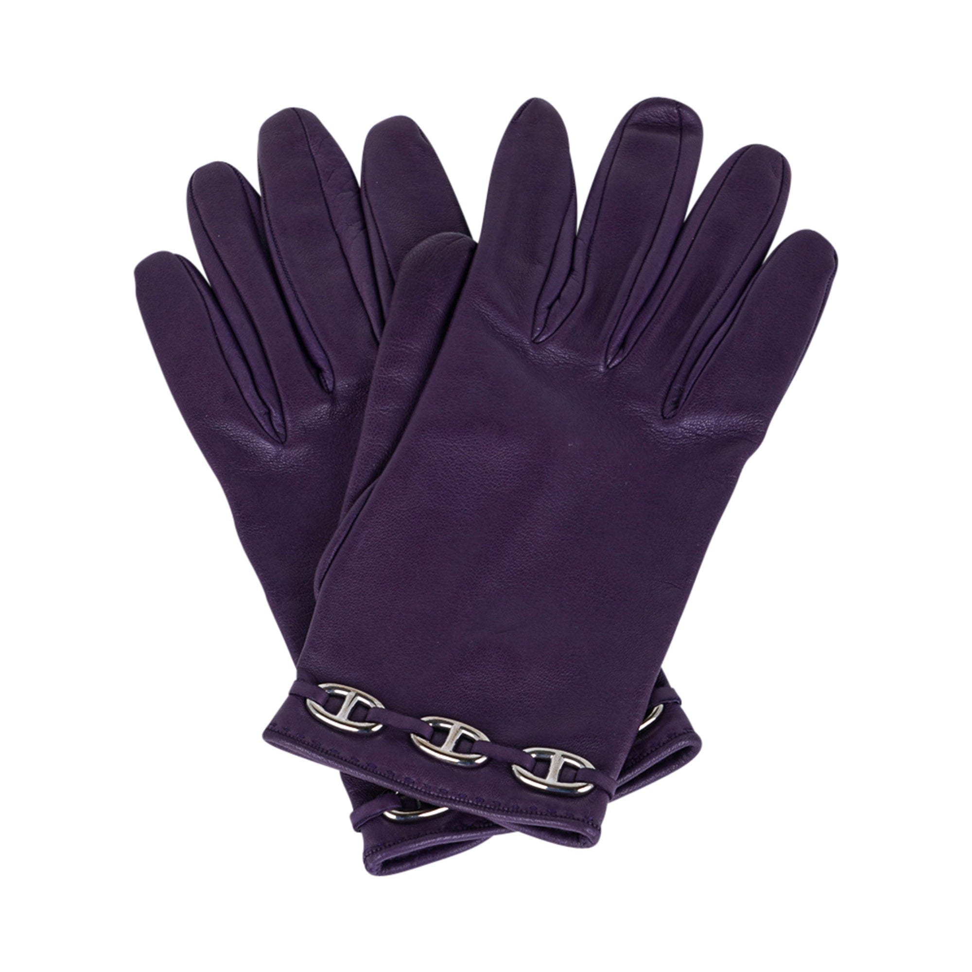 Hermes Vintage Wrist Length Gloves in Raisin Chaine D'Ancre Palladium Hardware  7