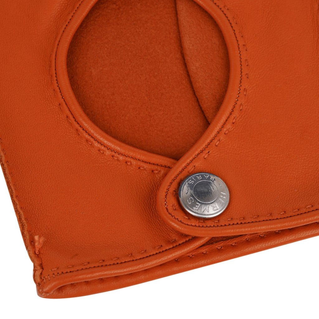 Hermes Gloves Orange Clou De Selle Driving Kidskin / Lambskin Leather New