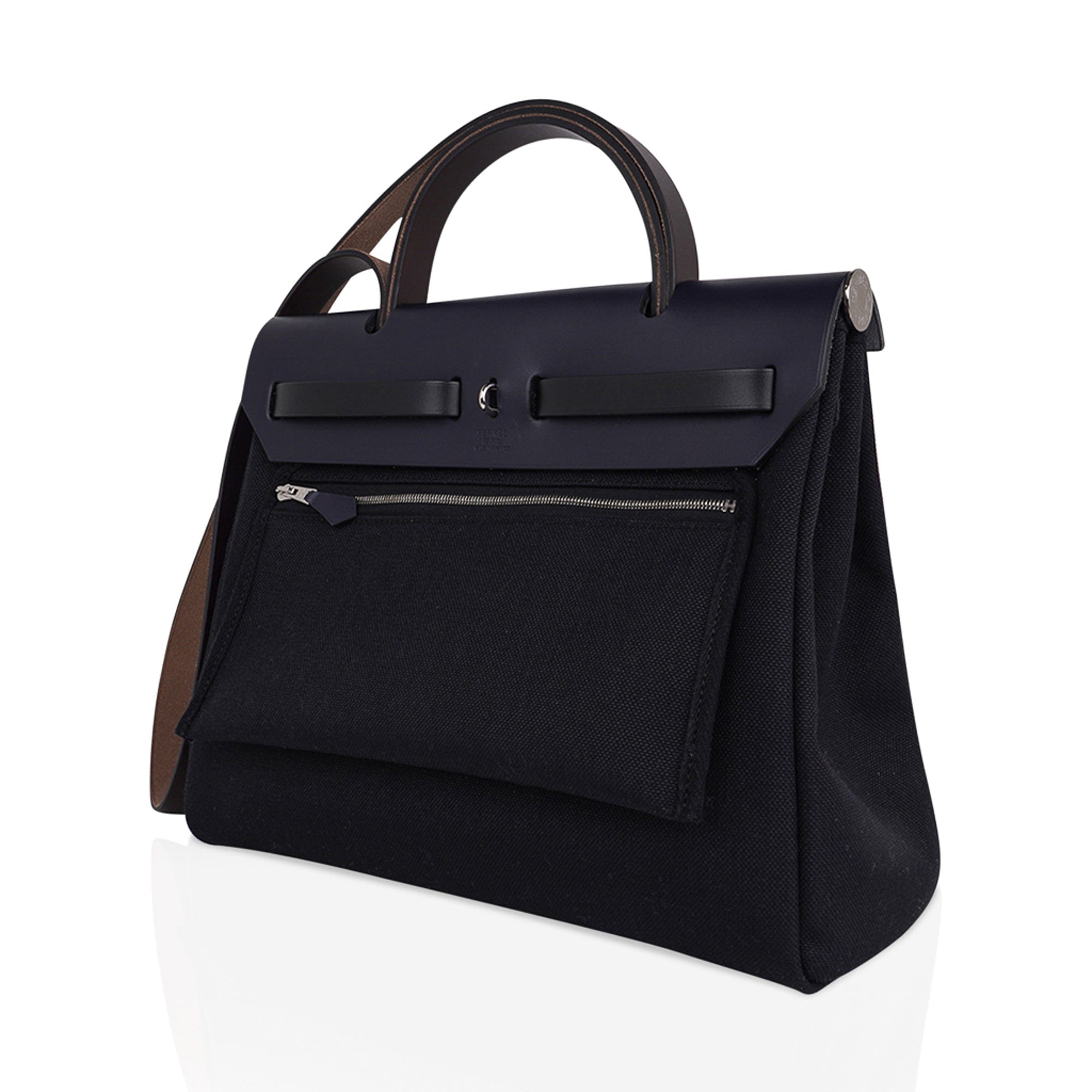 Hermès Herbag Natural Vache Hunter and Black Toile GM Zip 31 Palladium Hardware, 2021 (Very Good), Black/Brown Womens Handbag