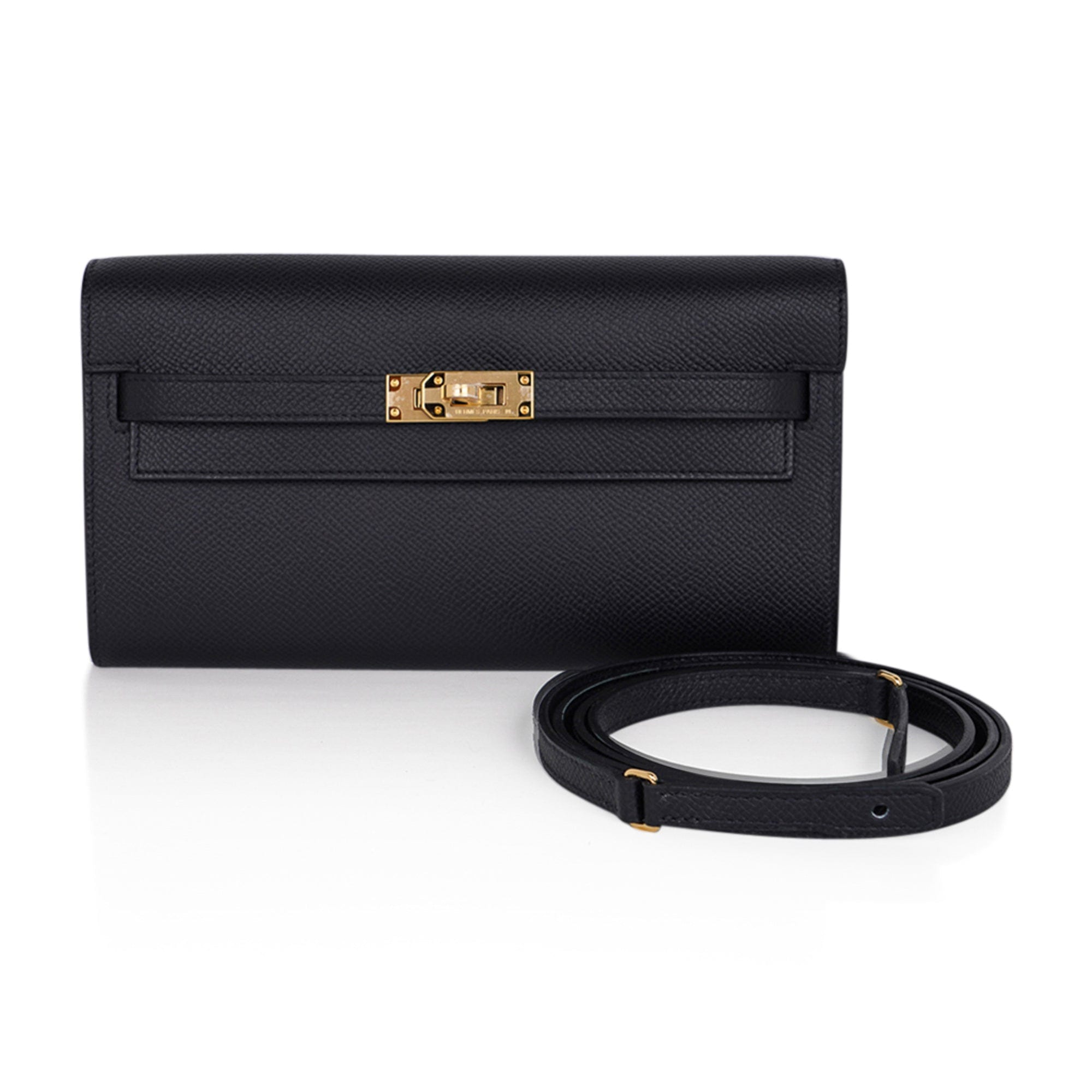 Hermès Kelly To Go Wallet In Black Ostrich With Gold Hardware in White