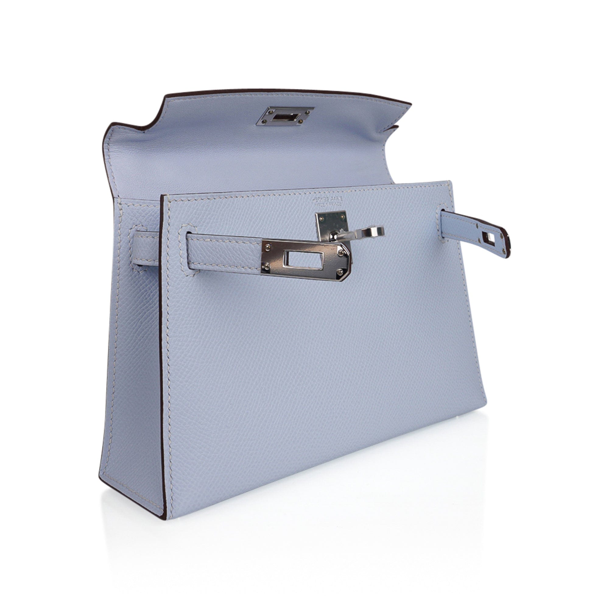 Hermes Kelly 20 Mini Sellier Bag Blue Brume Epsom Leather Gold Hardware •  MIGHTYCHIC • 