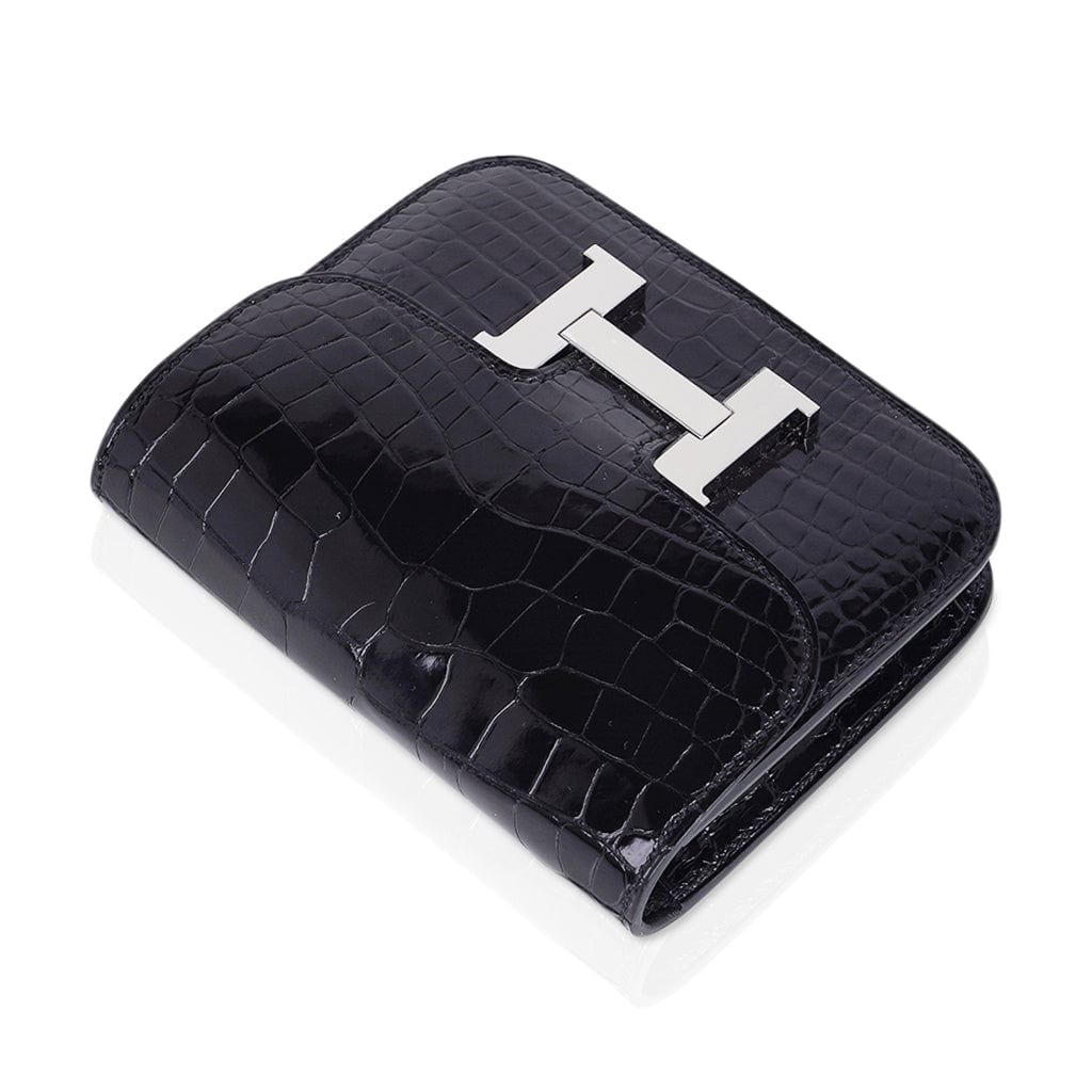 Hermes Constance Slim Wallet Black Alligator Waist Belt Bag Palladium Hardware