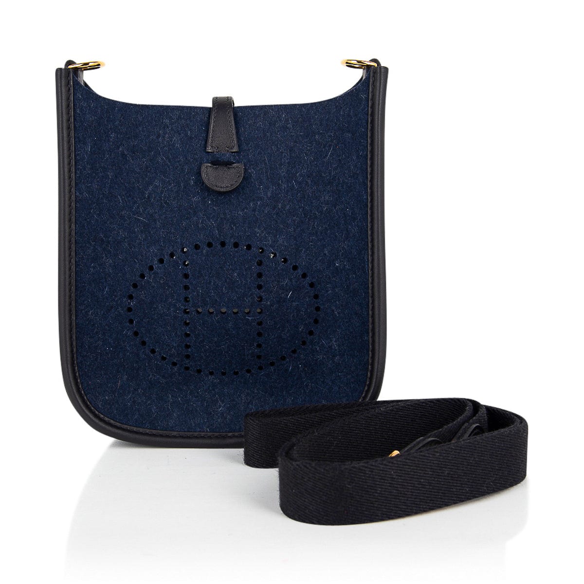 Limited Edition Hermes Mini Evelyne TPM Blue Feutre Black Swift Leather with Gold Hardware