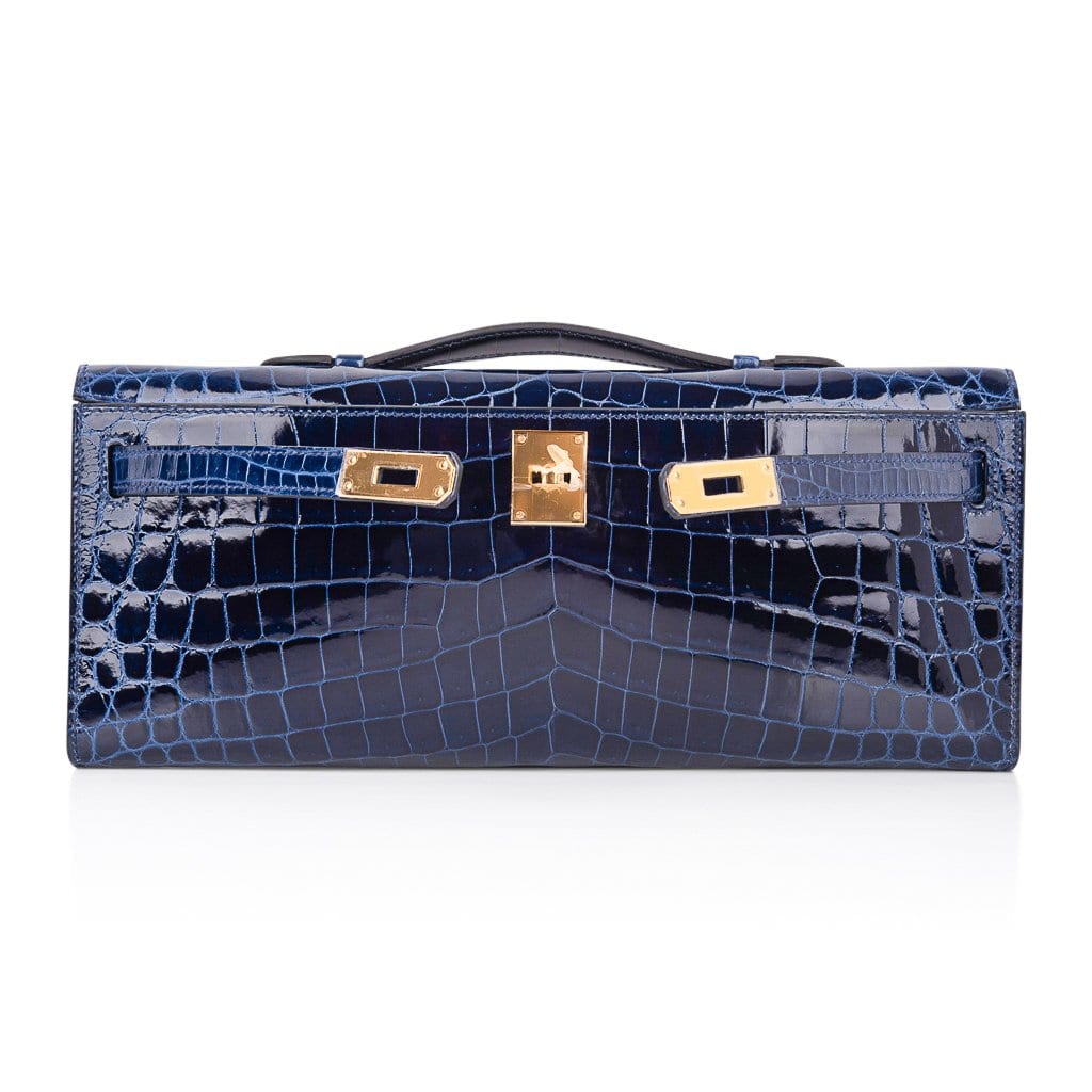 Hermes Kelly Cut Blue Sapphire Crocodile Clutch Bag Gold Hardware