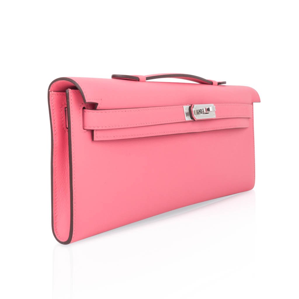 Hermes Kelly Cut Bag Pink Rose Azalee Clutch Swift Palladium Hardware –  Mightychic