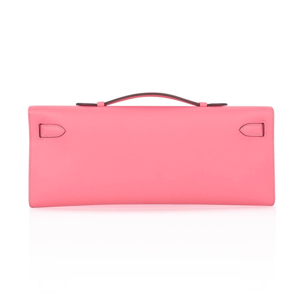 Hermes Kelly Cut Bag Pink Rose Azalee Clutch Swift Palladium Hardware New