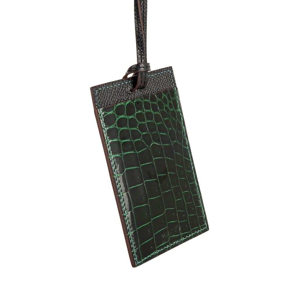 Hermes Lanyard Card Holder Vert Fonce Porosus Crocodile/ Black Epsom Bi-Color