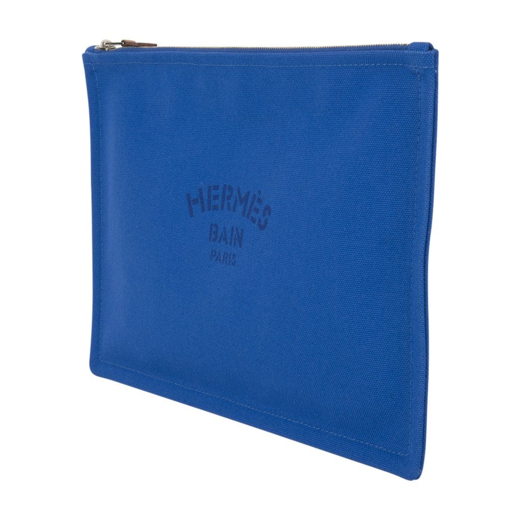Hermes Bain Flat Yachting Pouch Case Electric Blue Cotton Large