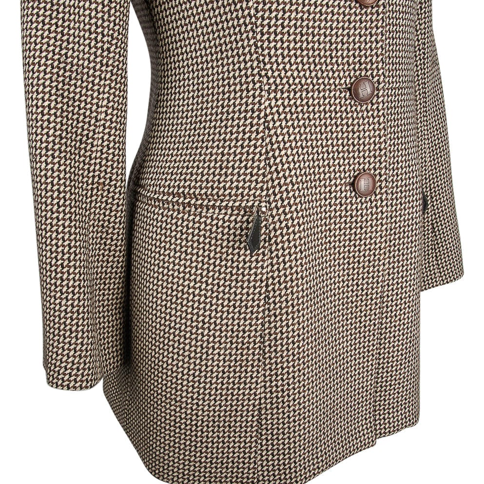 Hermes Vintage Riding Jacket / Blazer Check Leather Buttons Velvet Collar 36 / 4