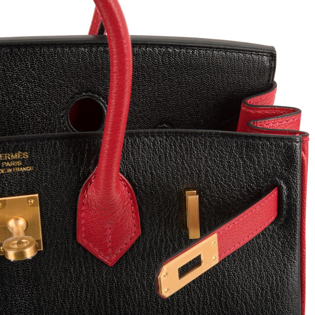 Hermes Birkin HSS 25 Bag Noir / Rouge Casaque Chevre Brushed Gold Hardware