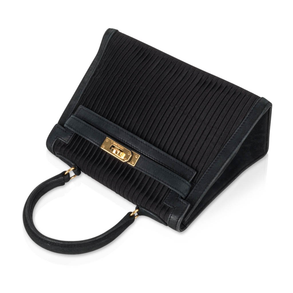 Hermes Kelly 20 Mini Vintage Bag Black Pleated Silk Suede Trim Gold Hardware