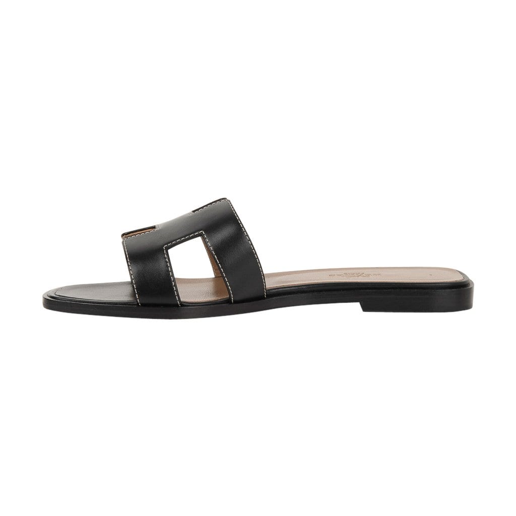 Hermes Shoes Flat Oran Sandal Black Calfskin White Top Stitch 36.5 / 6.5 New