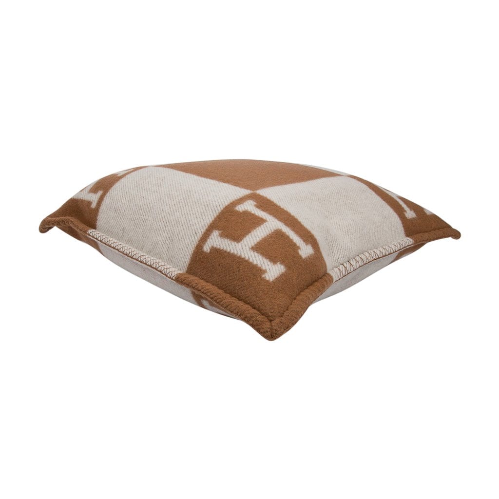Hermes Pillow Avalon PM Signature H Camel Ecru Throw Cushion Set of Two